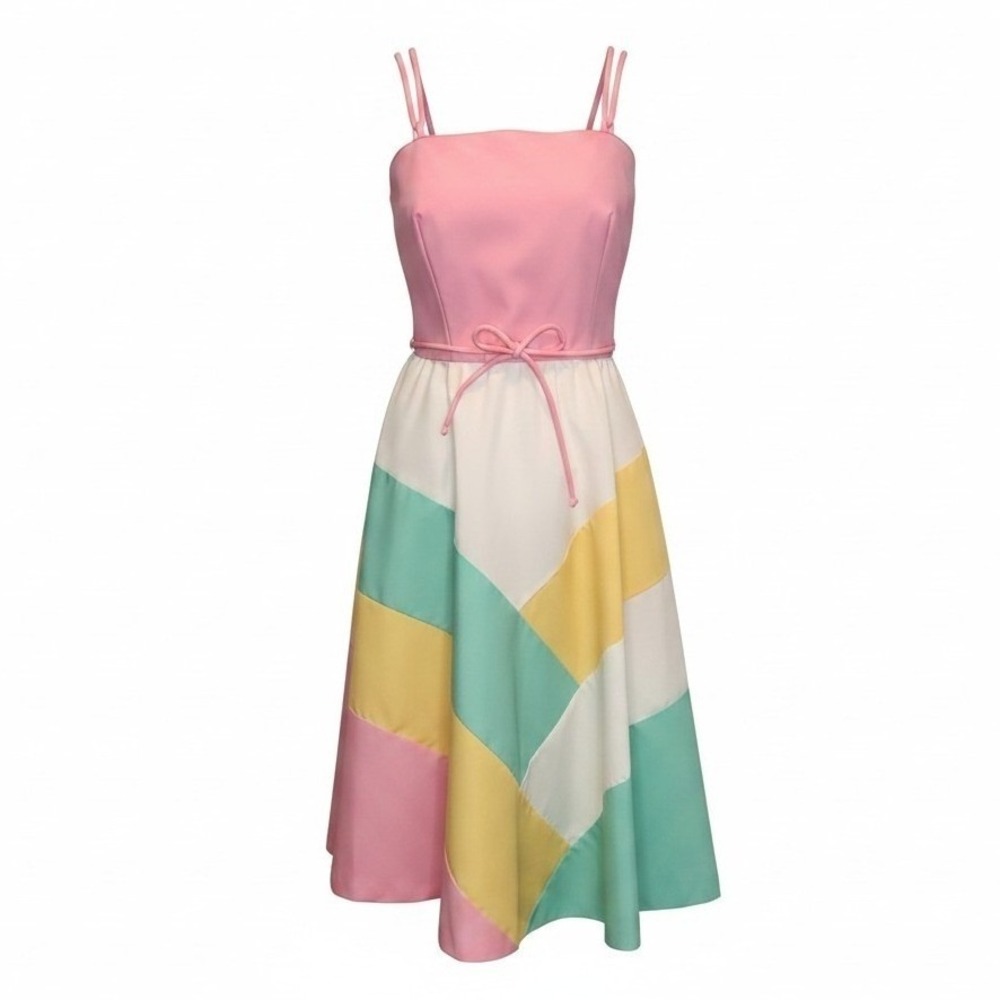 Jenni Vintage Sundress‎ Women XS Pink Pastel Colorblock Excellent Fit Flare 70s